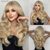 Syntetyczne peruki Naturalne blond żółte długie faliste syntetyczne peruki włosy z grzywką kobiet fala ciała afro żeńskie peruki cosplay codziennie HAIRR31024