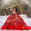 Röd paljett quinceanera klänning 2024 bollklänning höghals ärmlös pärlor kristall söt 15 klänning vestidos de 15