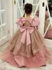 Vestidos de menina de luxo vestido de flor rosa para casamento manga curta puff o pescoço grande arco princesa vestido de festa aniversário