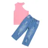 Kläder set små barn baby flicka en axel tank top rippade denim jean byxor 2 stycken sommarkläder