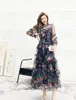 Casual Dresses Women Fashion Autumn Flowy Mesh Floral Printing Midi Long A Ling Dress Layer Ruffles Patchwork Boho Largo Vestidos Robe