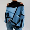 Damesblouses Contrasterende kleur Top Geometrische print Off-shoulder Pullover Stijlvolle losse T-shirtblouse voor herfst-lentevrouwen