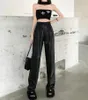 Women's Pants Pantalones Mujer Cargo Y2k Baggy Wide Le Korean Style Trousers Women High Waisted Straight Black Leather PU