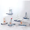 Dekorativa blommor trä segelbåtmodell figur miniatyr segelfartyg nautiska strand kust bröllop hem ornament