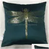 Cushion/Decorative Pillow Cushion Decorative Selling Insect Dragonfly Foil Printing Veet Garden Er Gold Stam Throw Pillowcase Chair Dh9Kt