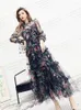 Casual Dresses Women Fashion Autumn Flowy Mesh Floral Printing Midi Long A Ling Dress Layer Ruffles Patchwork Boho Largo Vestidos Robe