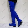 Ahhlsion nouvelles femmes hiver cuissardes en cuir verni fermeture éclair plat avec talons bout rond bleu chaussures décontractées dames taille américaine 5-20