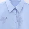 Blusas femininas 2023 verão estilo curto lantejoulas camisa bordada lapela gola manga longa fechamento commuter azul versátil topo