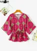 Women s Blouses Shirts Plus Size 5XL VONDA Women Tunic Tops 2023 Fashion 3 4 Sleeve Casual Printed Bohemian Blouse V neck Loose Belted Party 231023