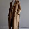 Women Long Trench Coat Wide Lapel Belt Pocket Wool Blend Winter Coat Solid Color Oversize Outwear Coat