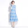 Retro Print Maxi Dress Women Designer Stand Collar Lantern Sleeve Slim Blue Vacation Dresses 2023 Autumn Winter Runway Loose Big Swing Elegant Fit Party Frocks