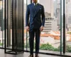 Trajes para hombres Azul marino a medida 2 piezas Blazer Pantalones Solapa en pico Doble botonadura Rayas Negocio Boda Novio Por encargo Tallas grandes