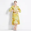 Floral Print Yellow Wrap Dress Robe Women Designer Flare Sleeve Belted Bow Ruffles Elegant Fit Vacation Dresses 2023 Autumn Winter V-Neck Runway Slim Party Frocks