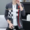 Venda quente masculino casual cardigan suéter confortável moda listrado juventude high-end suéteres fino encaixe malha cáqui suéteres masculinos na moda casacos streetwear jaqueta