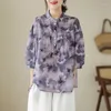 Kadınlar Blouses 2023 Yaz Sanatları Tarzı Kadınlar 3/4 Kollu Gevşek Ladies Kazak Bluz Vintage Çiçek Baskı Gündelik Gömlek Tops P100