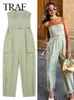 Women's Two Piece Pants TRAF 2023 Autumn Women Fashion Y2K Jumpsuit Solid With Belt Sleeveless Green Cargo Pant Female Loose Chic Jumpsuits Clothing 231023