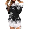 Robes décontractées Nouveauté Robe de Noël pour les femmes Snowflake Dot Sweat-shirt Dégradé Cordon Bodycon Court Manches longues Hors épaule