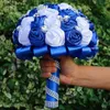 Düğün Çiçekleri Janevini Kraliyet Mavi Beyaz Gelin Buketleri Kristaller Yapay Saten Güller Gelin için Sahte Buket Aksesuarları