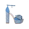 Rhinestone Sandals Knot Summer Bow High Heels Round Toe Thick Heel Platform Fashion Versatile Banket Dress Women's Shoes 13967