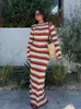 Casual Dresses Elegant Wave Striped Cotton Knitted Maxi Dress Women Fashion O-neck Flared Sleeves Backless Female Beach Vacation Robe