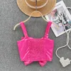 Hemdjes Tanks Dames Sexy Satijnen Strik Camis Zoete Diamant Insert Crop Top Zomer Uitgeholde Kralen Tanktops Mouwloos Effen Vouwkorset 231021