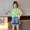 Ensembles de vêtements Summer Girls Outfit Set Crewneck Imprimer T-shirt Top Taille élastique Ripped Denim Shorts 2pcs Mode Enfants 4-14 ans