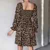 Casual Dresses Autumn Square Collar Dress Women Fashion Leopard Print Midi Long Sleeve Front Flowy A Line High Waist Party