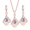 Ensemble de boucles d'oreilles et collier en Zircon naturel violet brillant pour femmes, couleur or Rose, Vintage, pour mariage, 585