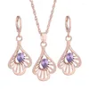 Ketting Oorbellen Set Glanzende Paarse Natuurlijke Zirkoon Drop Voor Vrouwen 585 Rose Goud Kleur Bruiloft Vintage