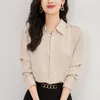 Kvinnors blusar Autumn Fashion Button Up Shirt Women Real Silk Blus Turn-Down Collar Long Sleeve Shirts Design Tops Solid Elegant