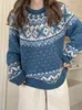 Kvinnors tröjor Vintage Women 2023 Winter Raglan Sleeve Loose Christmas Sweater Warm Stickovers Blue