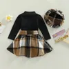 Clothing Sets Kids Girls Autumn Clothing Children Outfits Solid Ribbed Long Sleeve Mock Neck Tops Plaid Skirt Beret Hat 3Pcs Set 231023