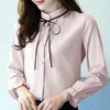 Kvinnors blusar White Chiffon Blue Women Shirt Stand Bow Puff Sleeve Womens Slim Elegant Casual Tops Femme Work Shirts Blusas Feminina