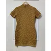 Women's stand collar short sleeve knitted jacquard weave letter pattern bodycon tunic sexy dress SML