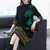 Casual Dresses Autumn Winter Vintage Floral Printed Butterfly Loose O-Neck Female Clothing Long Sleeve A-Line Knitted Midi Dress