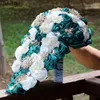 Flores de casamento JaneVini 2023 Bling Strass Cachoeira Buquês De Noiva Verde Escuro Marfim Fita Artificial Em Cascata Bouquet Para Noiva