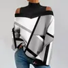 Damesblouses Contrasterende kleur Top Geometrische print Off-shoulder Pullover Stijlvolle losse T-shirtblouse voor herfst-lentevrouwen