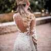 Renda frisada romântico sexy sereia vestidos de convidados do casamento sem costas vestido de tule para noiva feminino mangas compridas vestido de noiva