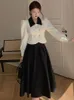 Two Piece Dress Spring Elegant Set Women Casual Slim Korean Coat Black Pleated Gothic Vintage Midi Skirt Office Lady Srts 231024