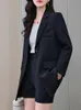 Damen-Anzüge, Blazer, elegant, Bürodame, gekerbt, langer Blazer für Damen, Herbstjacken und Mäntel, Plus-Size-Oberteile, Veste Femme, schwarze Oberbekleidung 231023