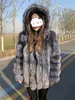 Women's Fur Faux Hooded Silver Coat Women Plus Size Long Sleeves Winter Luxury Female Natural Real Sliver Jacket With Hood 231023