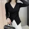 Suéter feminino preto sexy fendas malha pulôver baixo decote em v suéter camiseta para mulheres pull slim top pano camisa roupas justas