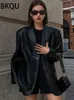 Women's Suits Blazers BKQU Vintage Brown Leather Loose Blazer Coat Women Casual Black Long Sleeve Flap Pockets Suit Jacket Oversized Streetwear 231023