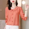 Blouses pour femmes 2023 été coton lin simple boutonnage col de poupée chemise à sept points manches d'âge moyen hauts féminins à la mode T434