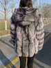 Women's Fur Faux Hooded Silver Coat Women Plus Size Long Sleeves Winter Luxury Female Natural Real Sliver Jacket With Hood 231023