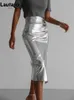 Skirts Lautaro Spring Autumn Shiny Black Silver Golden Pu Leather Skirt Women Front Slit High Waist Long Luxury Designer Clothes 231023