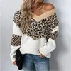 Damenpullover Damen Übergroßer Pullover Damen Pullover Langarm Casual Leopardenmuster Tiefer V-Ausschnitt Patchwork 2023 Winter Weiblich