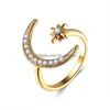 Band Rings Fashion Finger Ring Sier Color Star Moon Rings For Women Wedding Party Jewelry Shine Crystal Metal Flower Opening Anillo Dr Ot7Hs