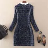 وصول صدر طية تباين اللون ربطة عنق المزينة بالخرز A-Line Tweed Gress Women Navy Blue Woolen Short Plus Size S-XXL 210525251D