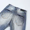 Noix de cajou Men en détresse violet avec mince jean rue Blue Amiiris lavé designer fleur plissée Patches jeans trous cassés pour hommes en forme pour la mode high 8Sf2